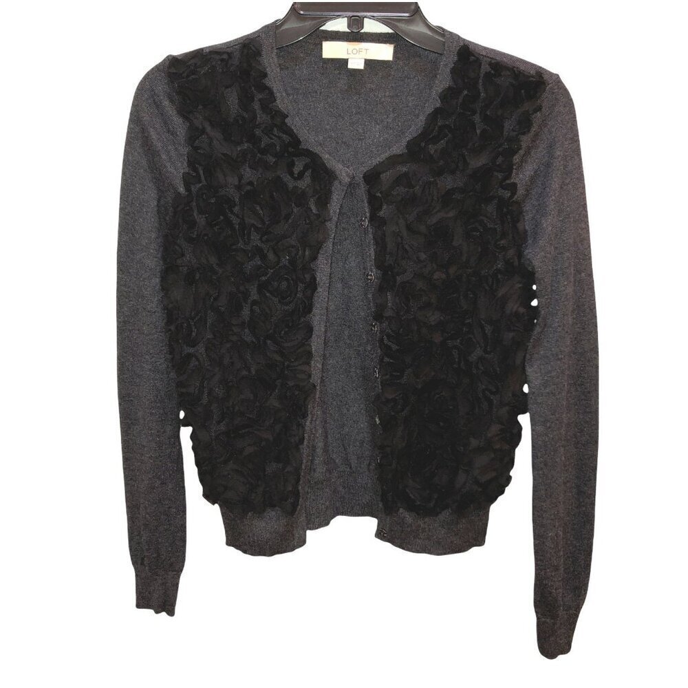 Ann Taylor Loft XS Gray Black Ruffled Long Sleeve Button Up Cardigan Sweater